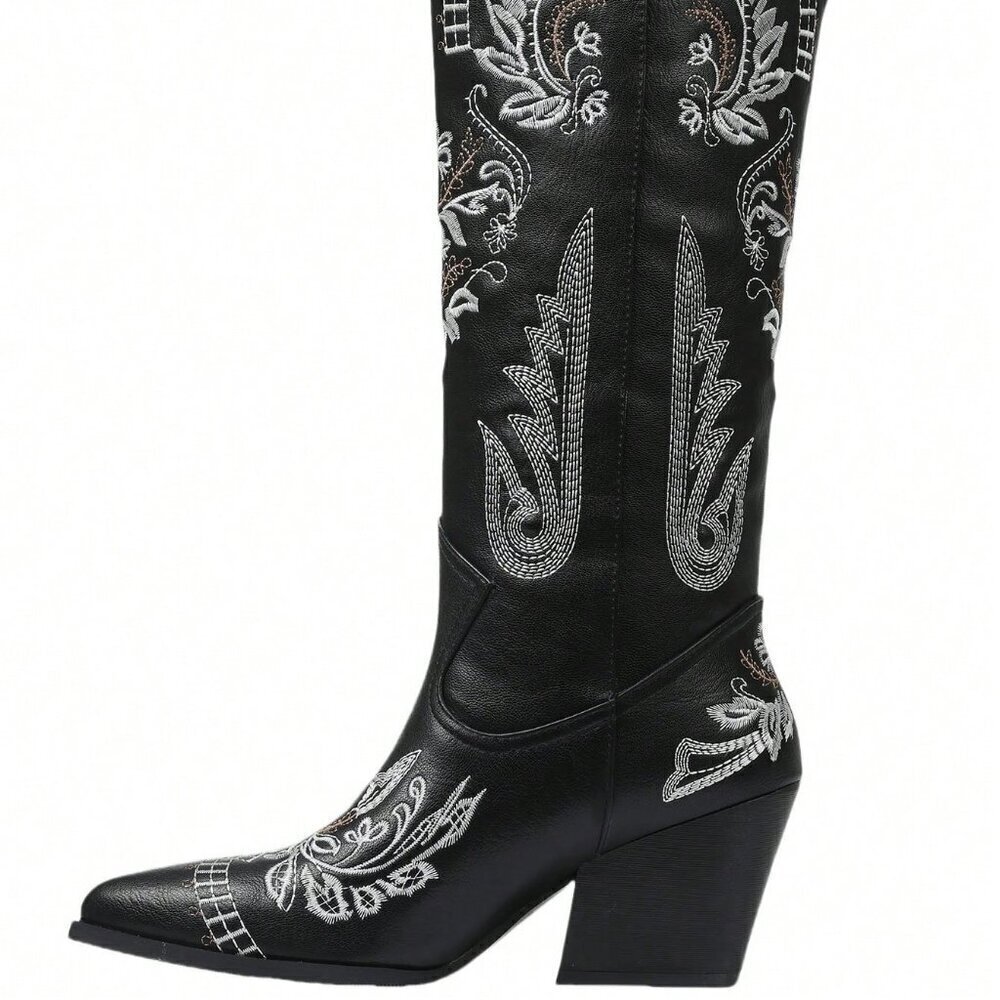 Black Western Women's Cowgirl Boots Pointed Toe Embroidered Thick Heels Knee Hig - Picture 7 of 7